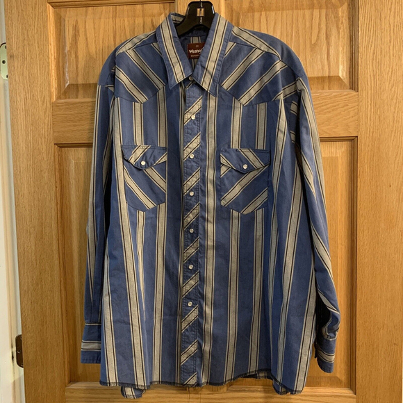 Vintage 90’s Wrangler Pearl Snap Blue w/ Gray Stripe Western LS Shirt Men’s 2XL - Picture 1 of 4